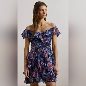 NWT Lauren Ralph Lauren Blue Floral Ruffle Dress Size 6 MSRP $225